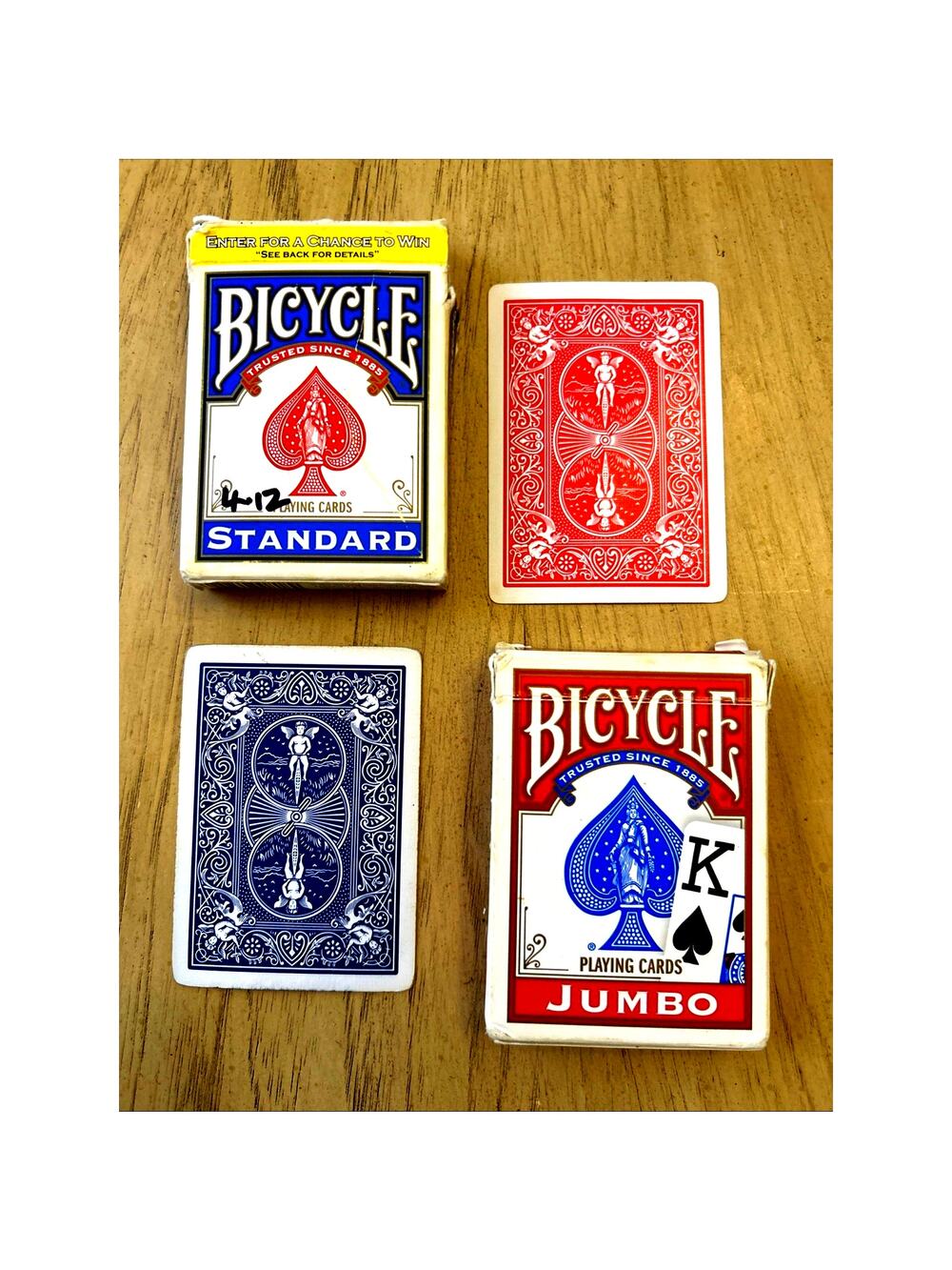2 VTG BICYCLE Jumbo Index Playing Cards Decks Blue Red cherub rider back lot 2